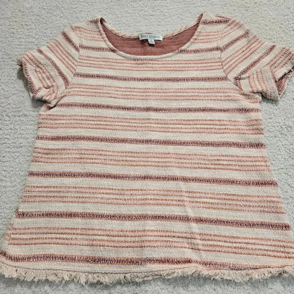 Green Envelope Pink and Peach Striped Top Raw Hem Women's S Boho Baha